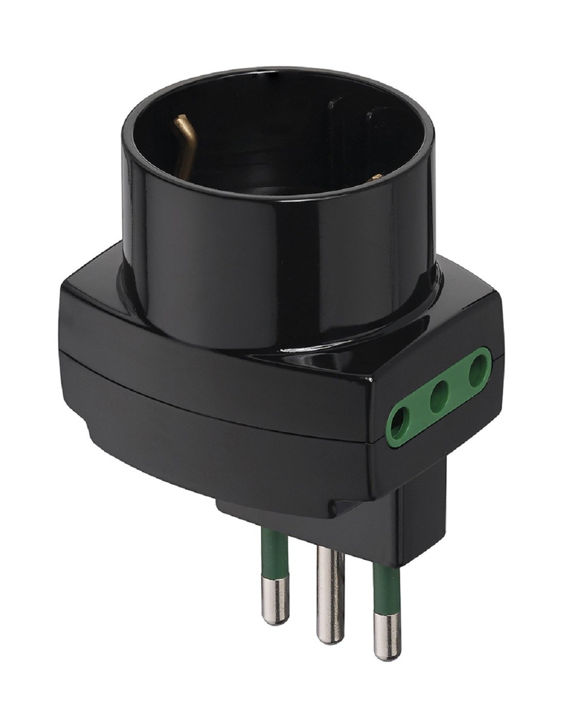 Vimar 00305 Adattatore Sfalsato Nero 90° – Spina 16A Standard Italiano Con Sicury E Chiusura Automatica – Max 1500W Per Spazi Stretti