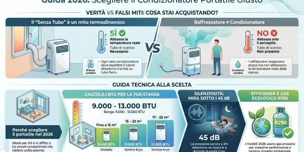 Condizionatori portatili 2026: guida completa, consumi, differenze e la verità sui "piccoli condizionatori portatili senza tubo"